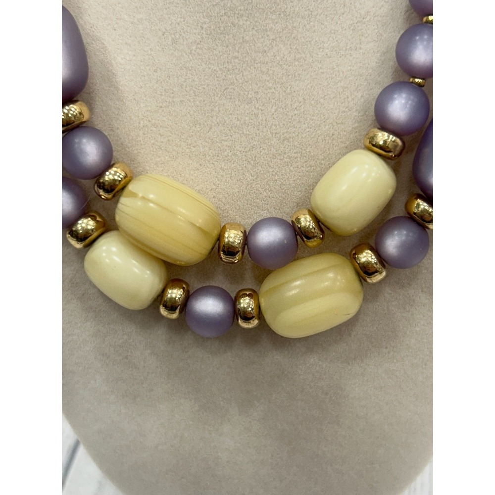 Vtg Napier Purple Cream Frosted Glass Beaded‎ Gold Tone Statement Necklace 28" - Picture 2 of 6